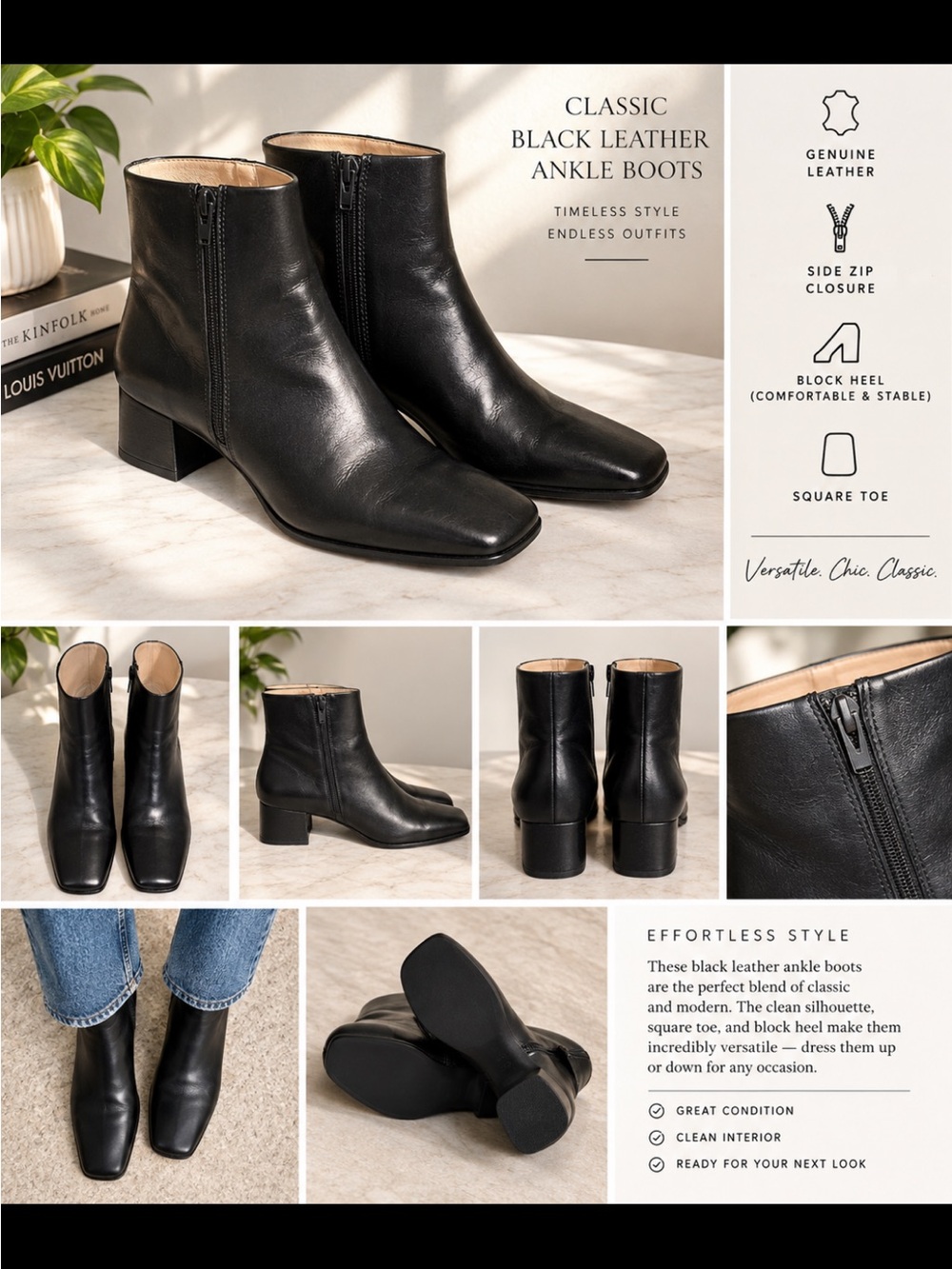 Via Spiga Black Leather Square-Toe Ankle Booties
